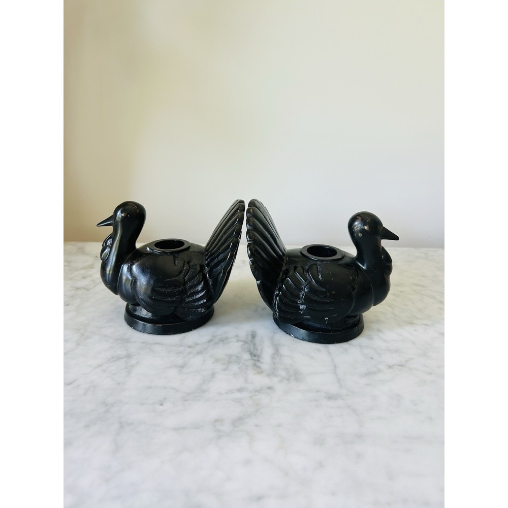 2 POTTERY BARN HEAVY BRONZE FIGURAL TURKEY TAPER CNDLE HOLDERS